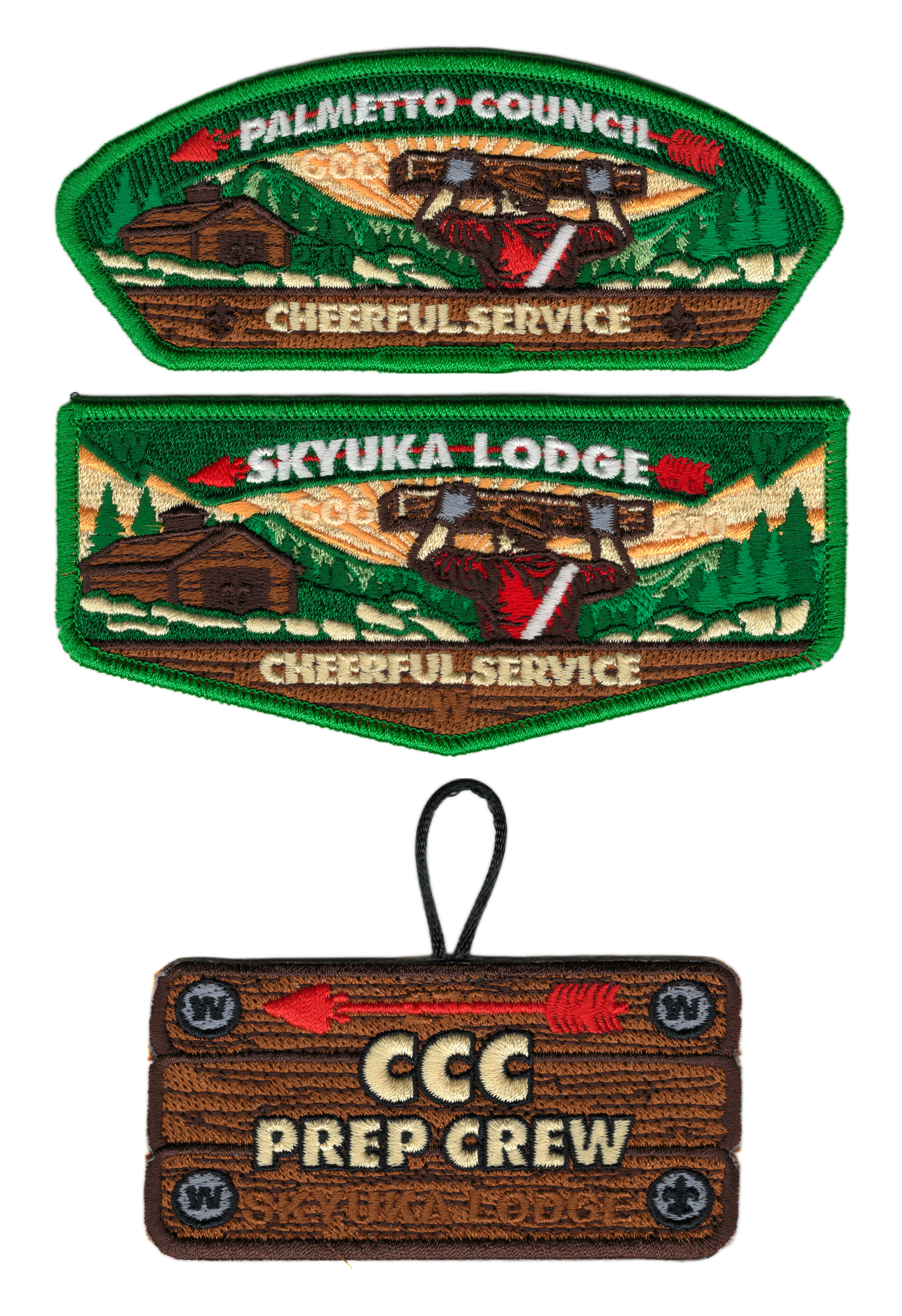 Skyuka Lodge 2027 Conclave Cheerful Service Set. Embroidered Patch produced by Summit Emblem