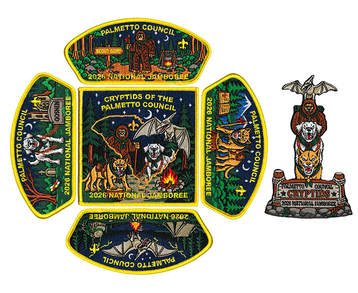Palmetto Council 2026 National Jamboree patch set. Embroidered Patch produced by Summit Emblem